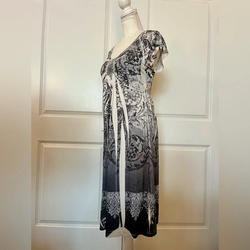 Vtg Y2K Boho Apt.9 Midi Stretch Dress Gray White Pattern Dye Print Scoop Neck MD - Picture 10 of 15